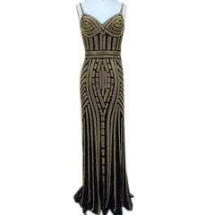 V Neck Long Tulle Mermaid Evening Dresses With Gold Beading