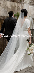 Simple Round Neck Short Sleeve Slit Long Wedding Dresses Evening Dresses.DB10713