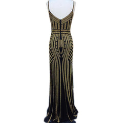 V Neck Long Tulle Mermaid Evening Dresses With Gold Beading