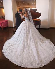 Royal Train Lace Wedding Dresses Ball Gowns Off-the-shoulder
