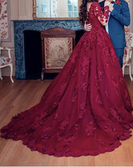 Lace Embroidery Long Sleeves Princess Ball Gowns Wedding Dresses