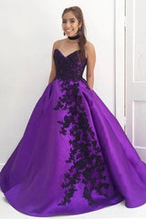 Satin Appliques Purple Sweetheart Prom Dress With Pockets