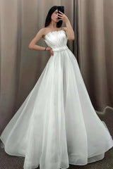 Tulle Pleats Strapless Detachable Long Sleeve Wedding Dress