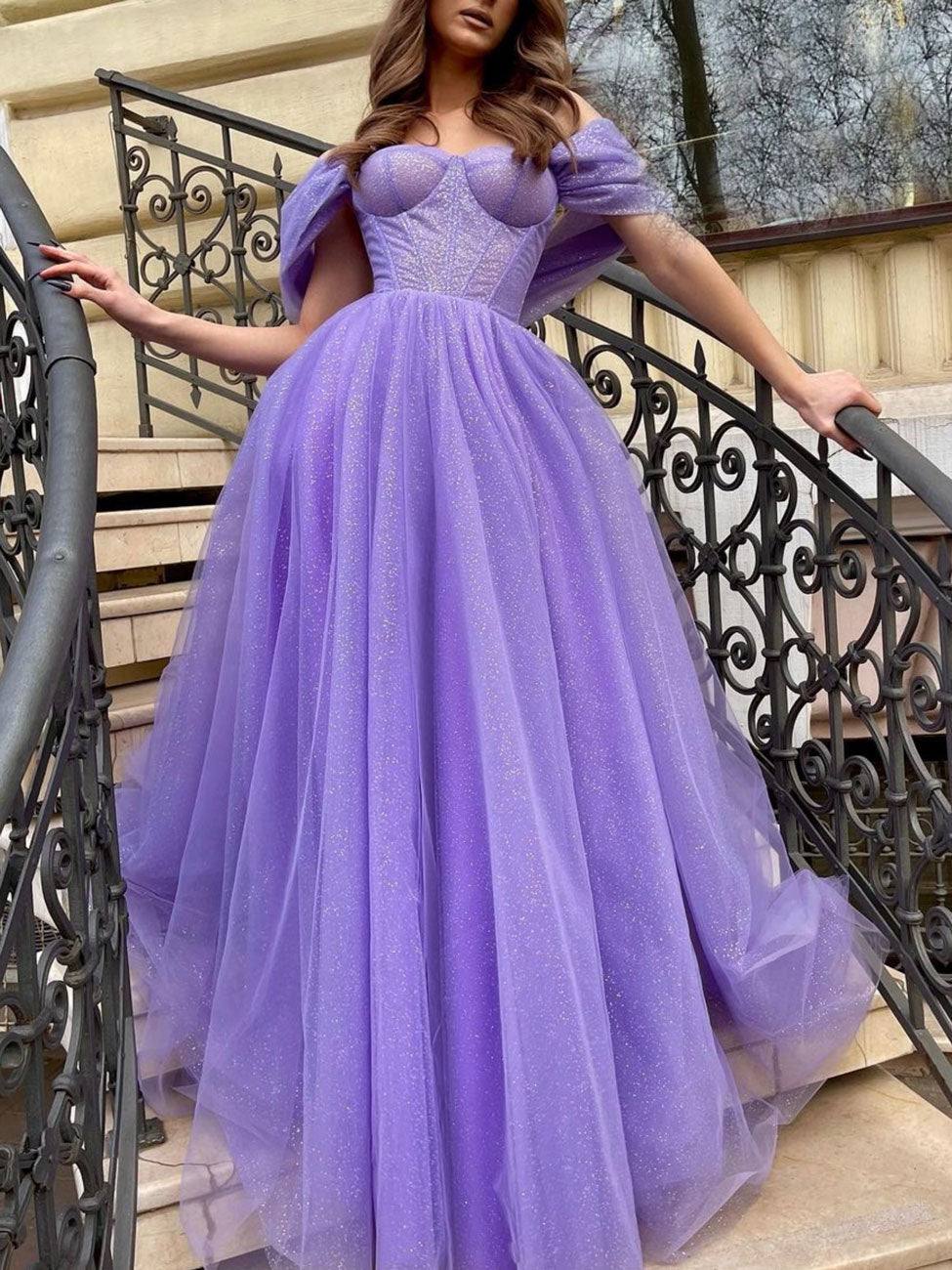 Purple tulle A line long prom dress, purple tulle evening dress - RongMoon