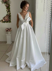 Satin V-neck Backless A-Line White Wedding Dress With Bow