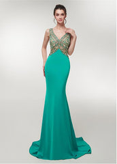 Stretch Satin V-neck Green Mermaid Prom Dress