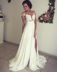 Lovely Lace Appliques Cap Sleeves Long Chiffon Split Beach Wedding Dresses