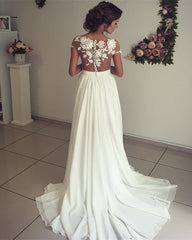 Lovely Lace Appliques Cap Sleeves Long Chiffon Split Beach Wedding Dresses