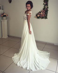 Lovely Lace Appliques Cap Sleeves Long Chiffon Split Beach Wedding Dresses
