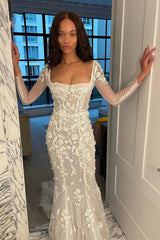 Mermaid Long Sleeves Tulle Appliques Wedding Dress