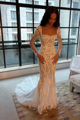 Mermaid Long Sleeves Tulle Appliques Wedding Dress