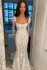 Mermaid Long Sleeves Tulle Appliques Wedding Dress