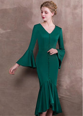 Satin V-neck Green Hi-lo Mermaid Formal Dress With Belt
