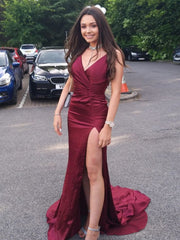 Burgundy Satin Pleats Spaghetti Straps Prom Dress With Slit