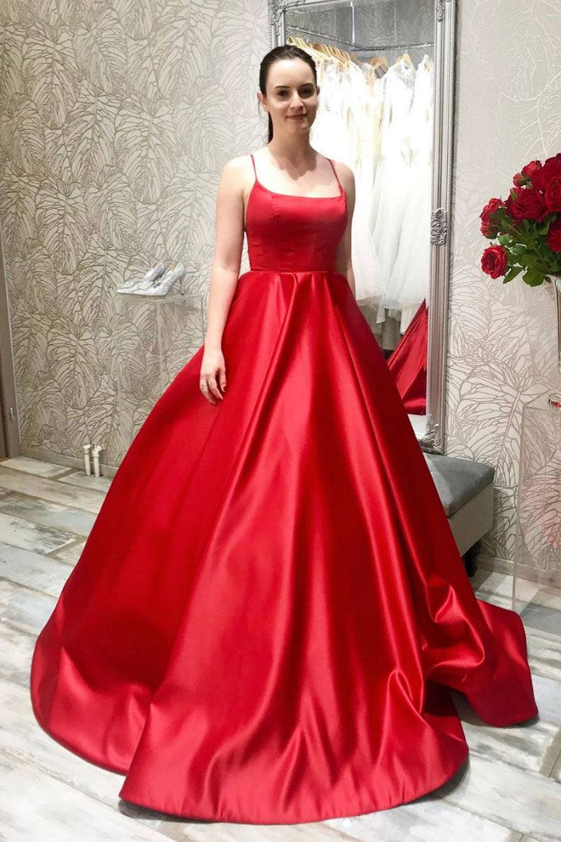Simple red satin long prom dress red backless evening dress - RongMoon