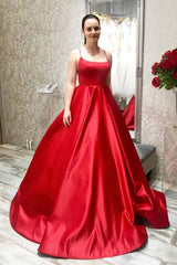 Simple red satin long prom dress red backless evening dress - RongMoon