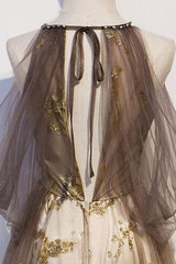Lace Long Appliques Champagne Tulle Prom Dress