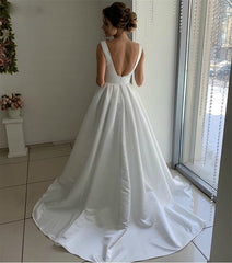 Satin V-neck Backless A-Line White Wedding Dress With Bow