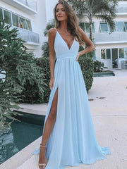 Light Blue Pleats Chiffon Spaghetti Straps Prom Dress With Slit