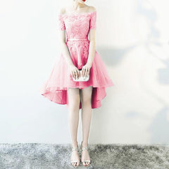 Asymmetric Style Silver Tulle Off Shoulder Bridesmaid Dresses Lace Appliques