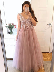 Appliques Tulle V Neck Pink Flower Long Prom Dress
