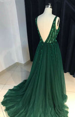 Sparkly Sequins Beaded V-neck Tulle Open Back Evening Dresses