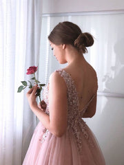 Appliques Tulle V Neck Pink Flower Long Prom Dress