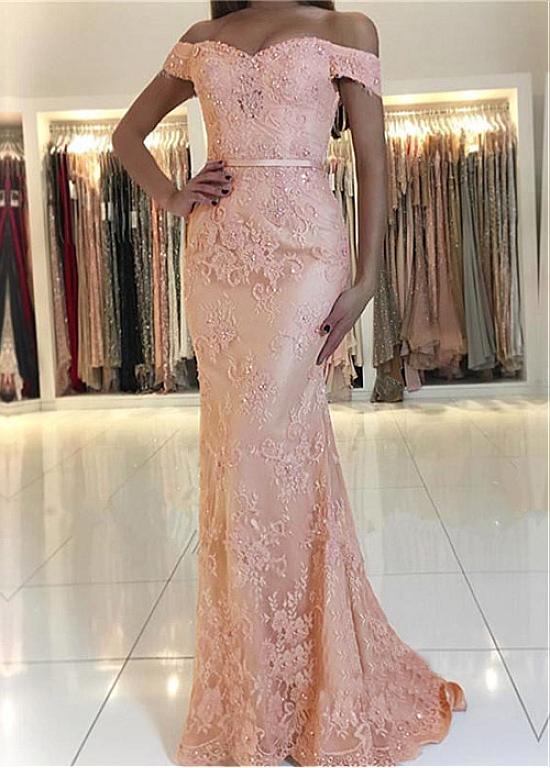 Lace Off-the-shoulder Pink Belt Mermaid Evening Dress