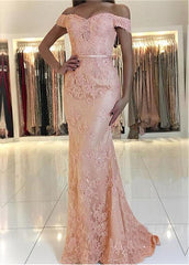 Lace Off-the-shoulder Pink Belt Mermaid Evening Dress