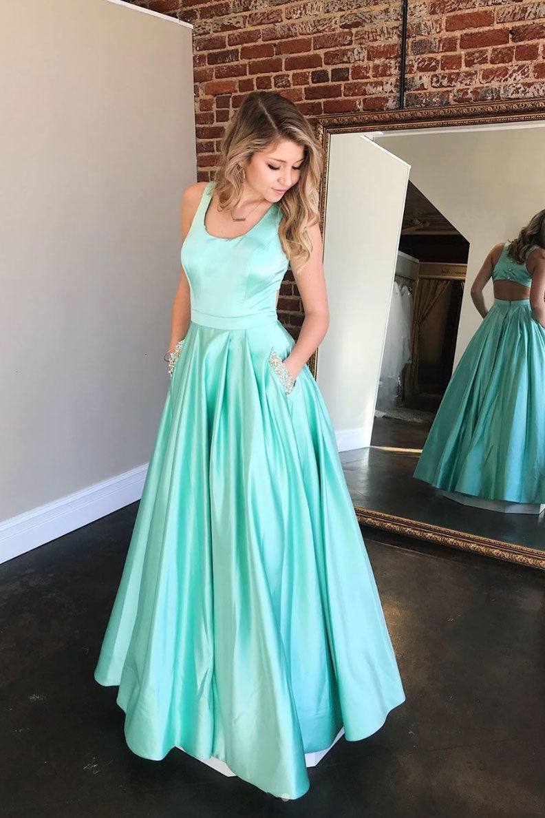 Simple green satin long prom dress green evening dress - RongMoon