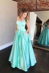Simple green satin long prom dress green evening dress - RongMoon