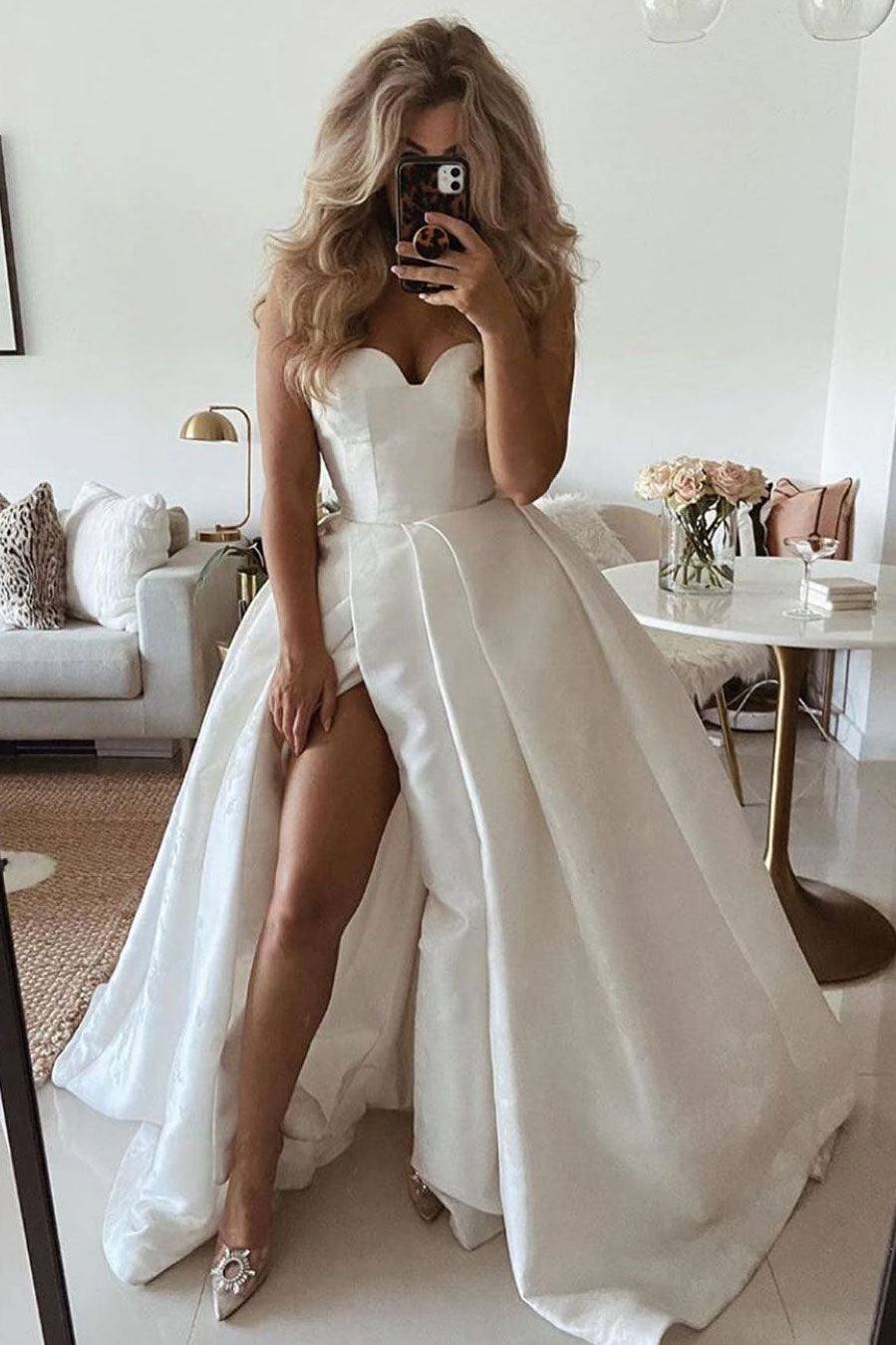 Simple sweetheart white satin long prom dress white evening dress - RongMoon