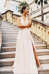 Simple v neck chiffon long prom dress chiffon evening dress - RongMoon
