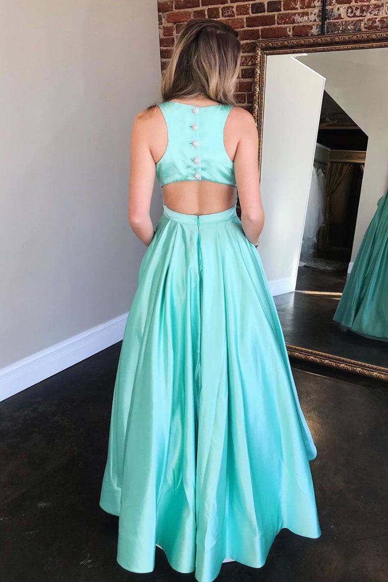 Simple green satin long prom dress green evening dress - RongMoon
