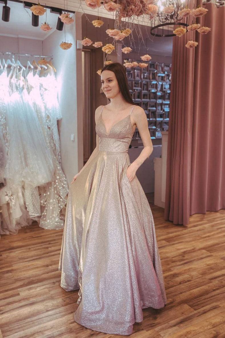 Champagne v neck sequin long prom dress sequin formal dress - RongMoon
