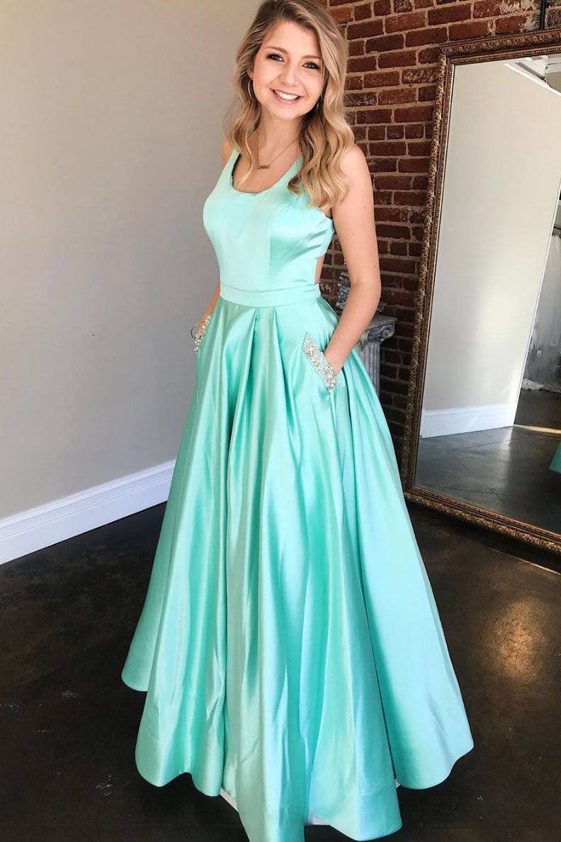 Simple green satin long prom dress green evening dress - RongMoon