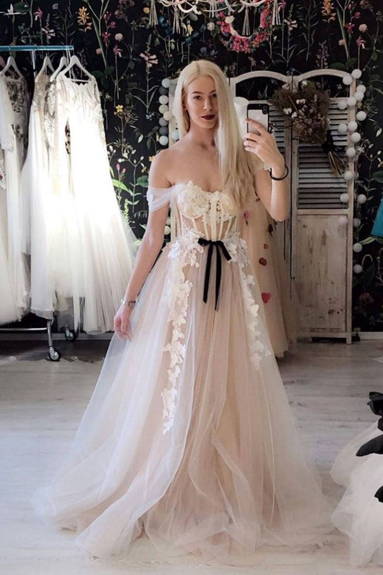 Light pink tulle off shoulder lace long prom dress tulle formal dress - RongMoon