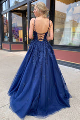 Blue lace tulle long prom dress blue lace formal dress - RongMoon