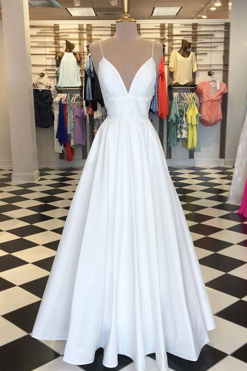 Simple white v neck satin long prom dress white evening dress - RongMoon