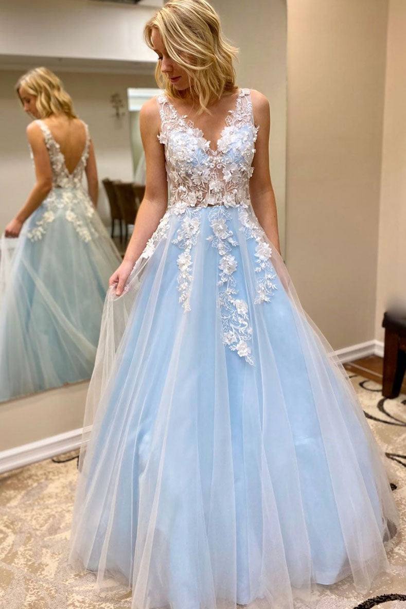 Blue v neck tulle lace long prom dress blue tulle formal dress - RongMoon