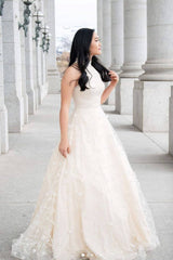 Beige tulle lace long prom dress tulle lace evening dress - RongMoon
