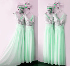 Lovely Sequins V-neck Chiffon Long Bridesmaid Dresses For Bridal Party