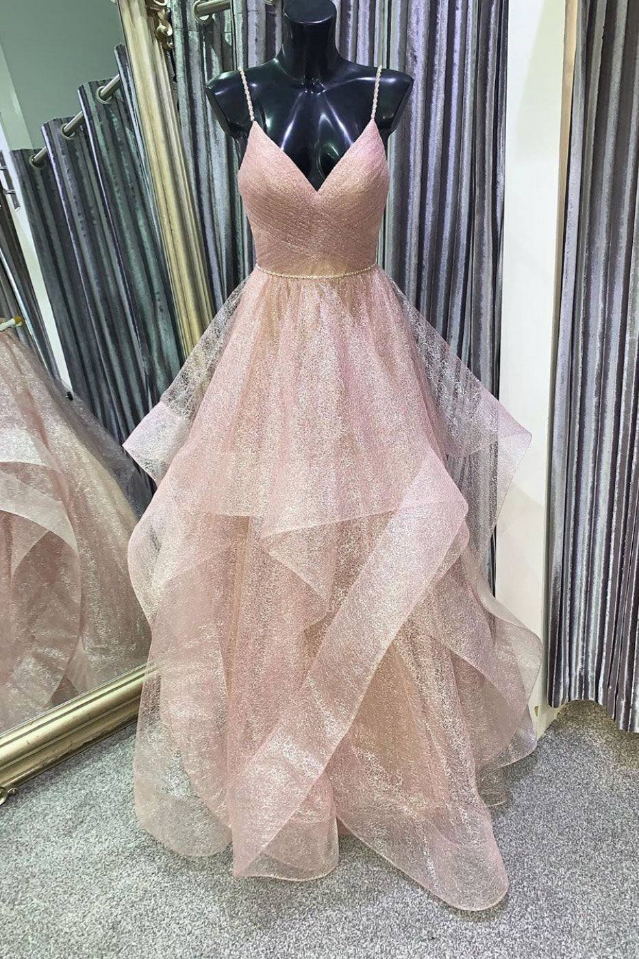 Unique v neck tulle sequin long prom dress sequin formal dress - RongMoon