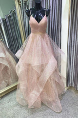 Unique v neck tulle sequin long prom dress sequin formal dress - RongMoon