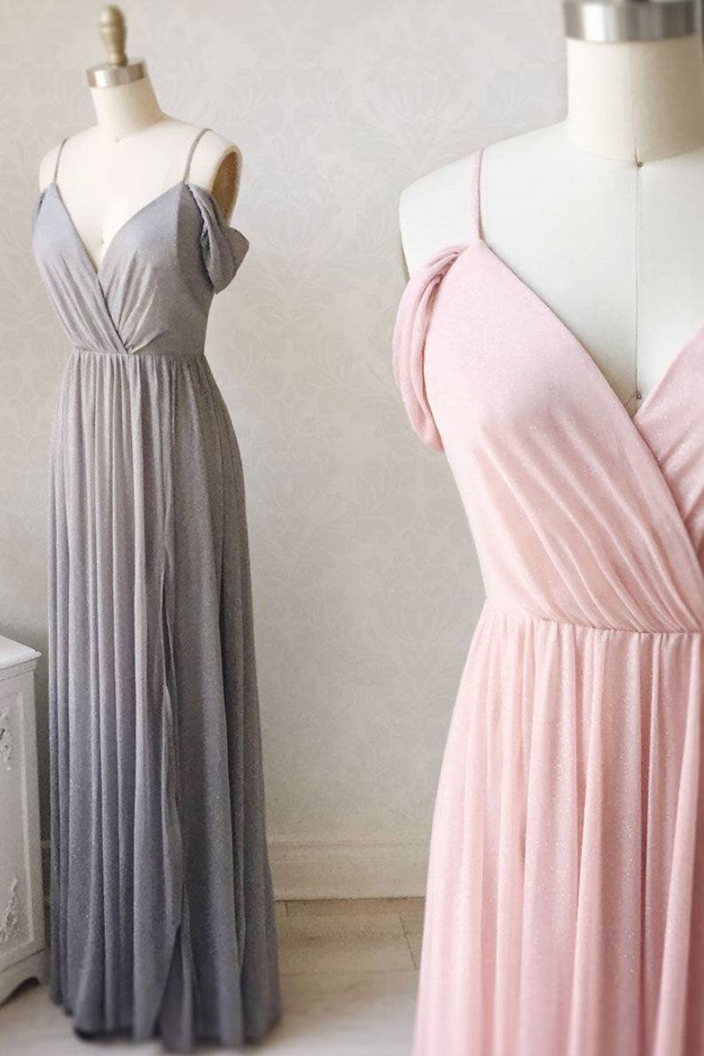 Simple gray chiffon long prom dress chiffon bridesmaid dress - RongMoon