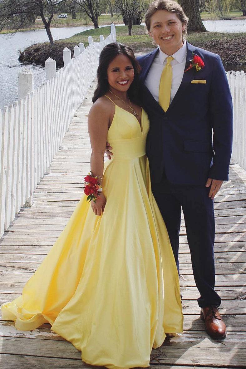 Simple yellow satin long prom dress, yellow evening dress - RongMoon
