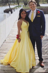 Simple yellow satin long prom dress, yellow evening dress - RongMoon