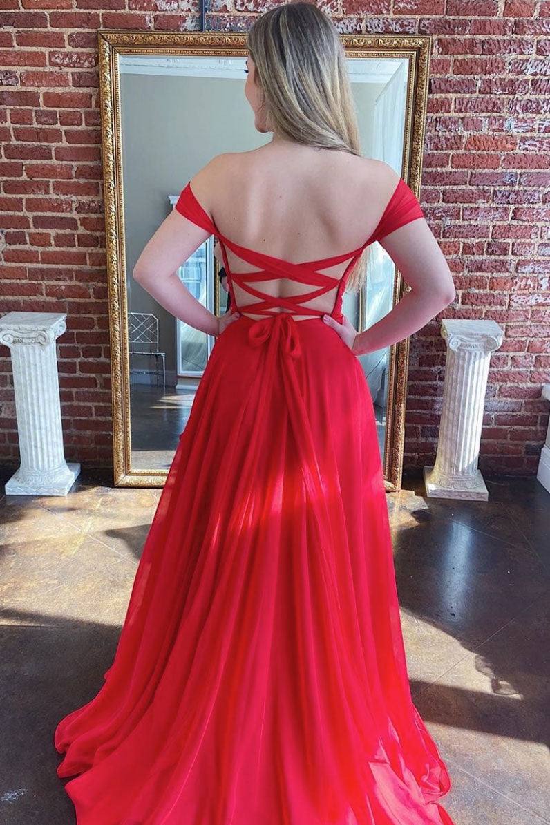 Simple red sweetheart chiffon long prom dress red evening dress - RongMoon