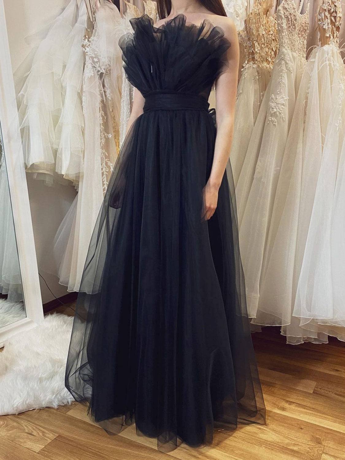 Simple black tulle long prom dress, black tulle formal dress - RongMoon