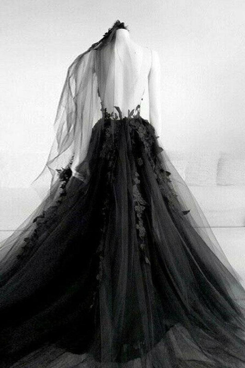 Black round neck tulle lace long prom dress black tulle formal dress - RongMoon